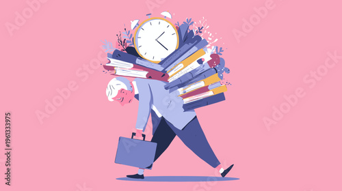 Stressed adult caucasian male overloaded with work and books on pink background