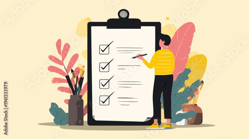 Female adult checking off items on a clipboard with colorful leaves and pencils