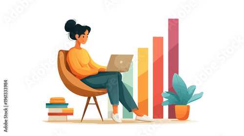Asian female adult working on laptop in modern workspace with colorful graphs