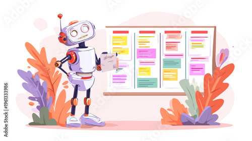 Robot analyzing colorful planning board with clipboard in hand