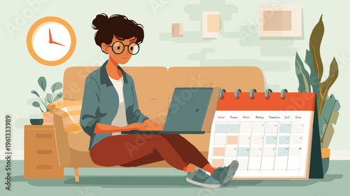 Young hispanic female working on laptop at home with calendar in cozy living room