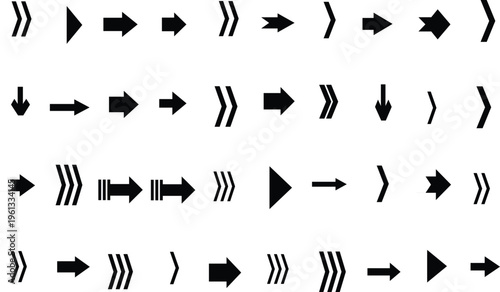 An organized set of various black arrows on a pristine white surface, indicating paths and interaction