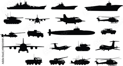 Military vehicles and aircraft silhouettes set with tanks, warships, helicopters and transport planes isolated on white background for defense, army, navy and air force concepts