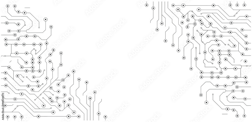 Obraz premium Abstract black and white vector illustration of a complex circuit board pattern with intricate lines and connection points, creating a modern technological background design.