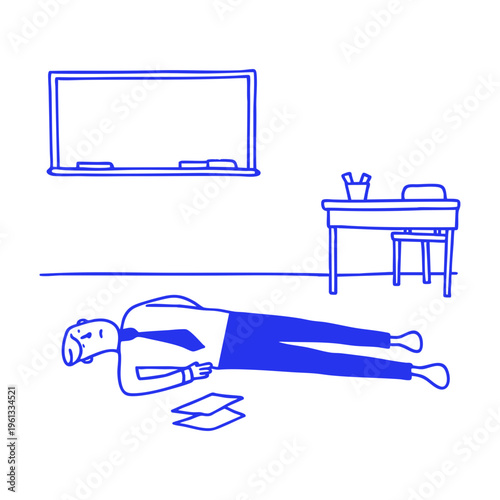 Exhausted Teacher Lying on Classroom Floor Doodle Illustration