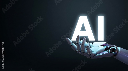 Illuminated AI text displayed above a robot's hand, symbolizing artificial intelligence and technological advancement