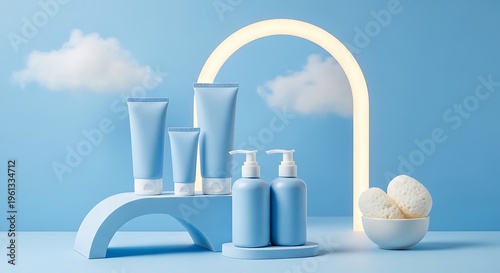 Professional display of cosmetic containers against a blue cloudy background