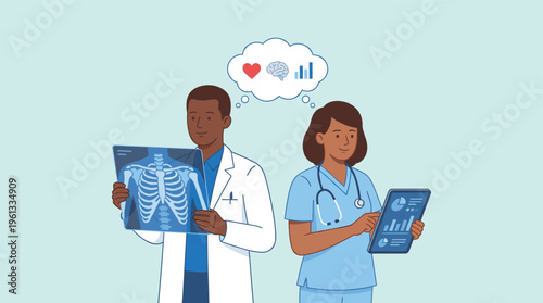 Diverse healthcare professionals analyze medical data using modern technology. Doctor with X-ray, nurse with digital tablet