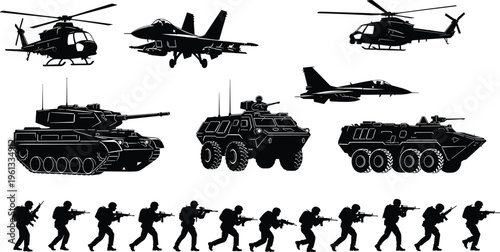 Military vehicles and soldiers silhouettes set with helicopters, fighter jets, tanks and armored transport isolated on white background for army combat and defense design