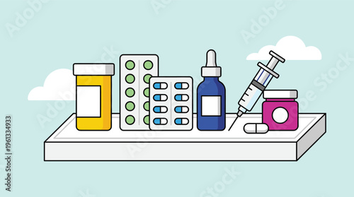 Assortment of common medicine and healthcare supplies, including drugs, pills, and a syringe, on a shelf