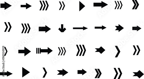 Many different black arrow symbols and directional markers arranged neatly across a bright white surface