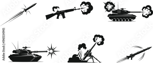 Military weapons and combat firing silhouettes with tanks, rifles, missiles and artillery isolated on white background for warfare, defense, battlefield action and armed forces concepts