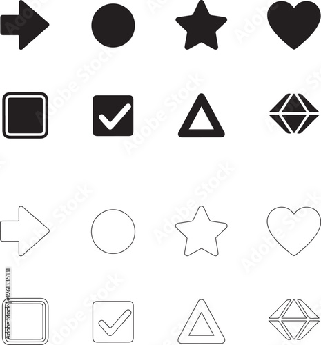Bullet point icons collection. Minimal vector set with arrows, dots, stars, and hearts for web, UI, and presentation design..eps