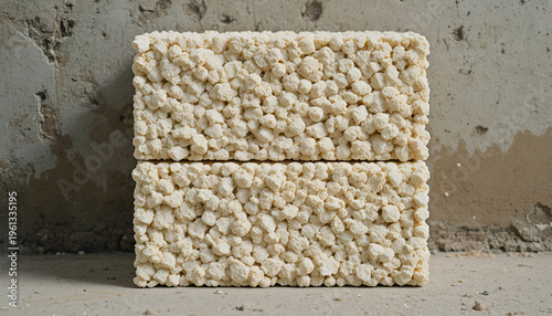 Two blocks of insulation material made from recycled paper products are stacked on top of each other in a concrete room