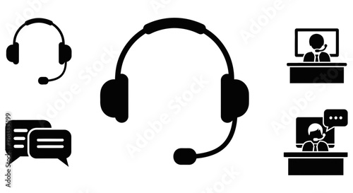 Customer service icons with headset and computer symbols