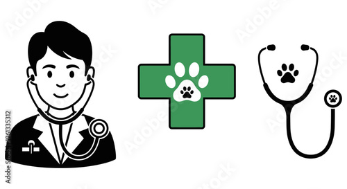 Veterinarian doctor with stethoscope and green cross symbol