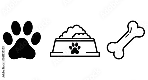 Pet food and accessories icons including paw print and bone