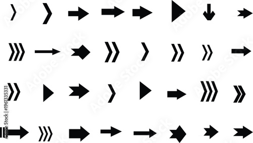 Multiple black arrow indicators in various shapes and sizes displayed clearly on a pristine white surface