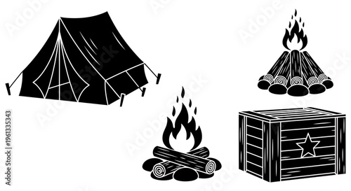 Camping gear including a tent and crate with firewood