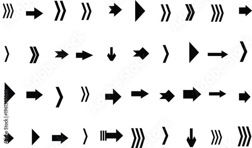 Numerous black graphic arrows and various pointer indicators arranged neatly on a clean white surface