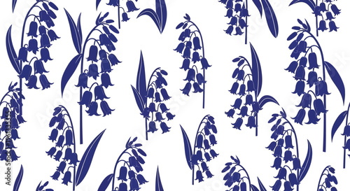 Seamless pattern featuring repeating blue bell-shaped flower clusters with slender green leaves