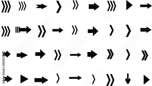Numerous distinct black arrow symbols arranged on a bright white surface showing various forward and directional movements