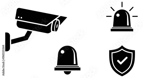 Security icons including a camera and alarm system symbols for protection and safety