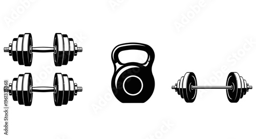 Black and white illustration of dumbbells and kettlebell for weight training