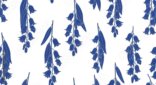 Elegant seamless pattern featuring delicate blue bell shaped flowers and long slender green leaves