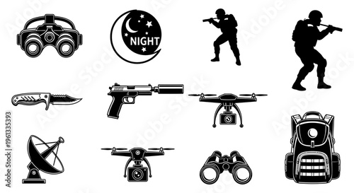 Various gaming accessories and weapons in black silhouette on white background