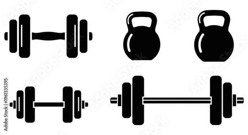 Various black silhouettes of dumbbells and kettlebells arranged in two rows on a white background for fitness and exercise