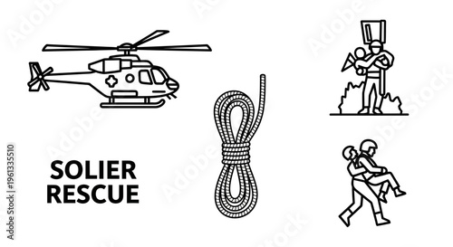 Soldier rescue operation with helicopter and rope