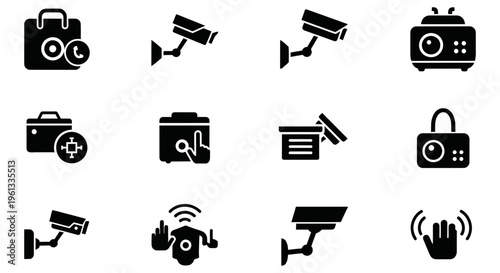 Various security icons including cameras and alarm systems