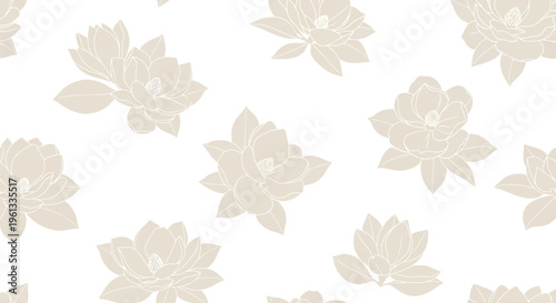 Elegant seamless pattern featuring delicate line art illustrations of blooming magnolia flowers