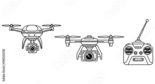 Drone with camera and remote controller shown from multiple angles for user reference