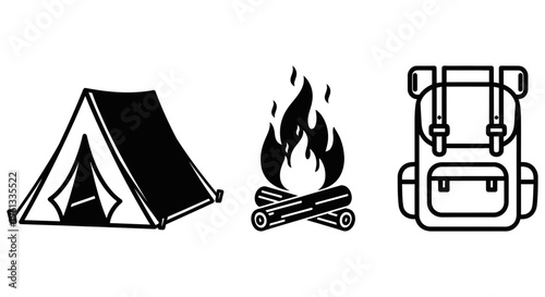 Camping gear icons including tent fire and backpack for outdoor adventure and travel