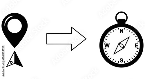 Black and white map navigation symbols transforming into a compass