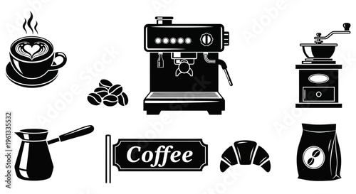 Black and white coffee icons including machines and treats