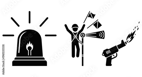 Person with arms raised standing between siren and gun icons