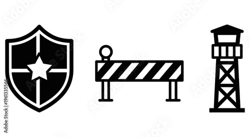 Security icons including shield with star, roadblock, and watchtower for protection and surveillance purposes