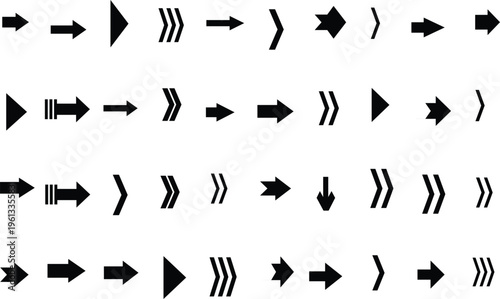 Variety of black arrow indicators with different orientations arranged uniformly on a clean white sheet