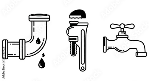 Black and white line drawing of a leaky pipe a faucet handle and a sink faucet