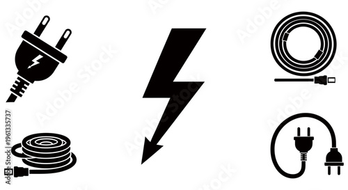 Electric power icons including plugs and cords with a lightning bolt