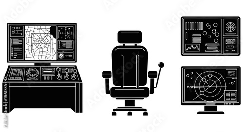 Modern air traffic control workstation with chair and multiple screens displaying maps and navigation tools for efficient air traffic management