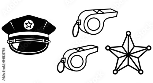 Police hat and sheriff star with two police whistles