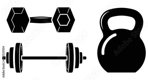 Black and white silhouette of dumbbells and kettlebell for weight training