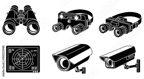 Various types of security cameras and surveillance equipment illustrated in black and white