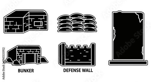 Various military defense structures and fortifications illustrated