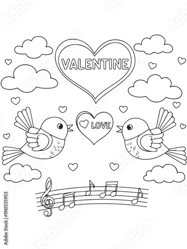 Valentine lovebirds with heart clouds and musical notes coloring pages