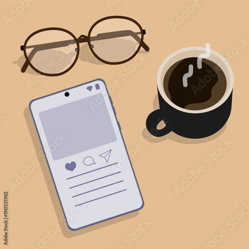 Mobile social media app interface with coffee and glasses, online communication concept